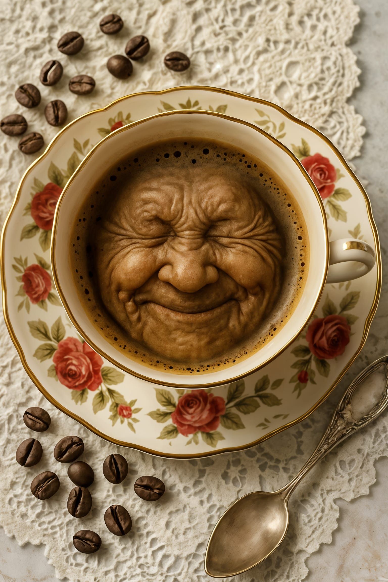 Victorian Coffee Cup Reveals Smiling Face in Foam