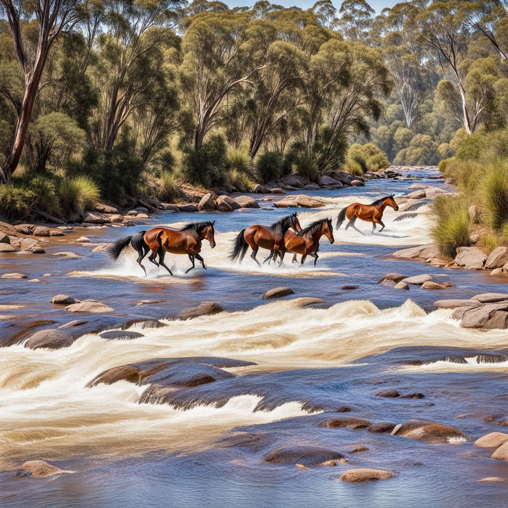 Wild Horses Brave Flooded River: Impressionistic Style
