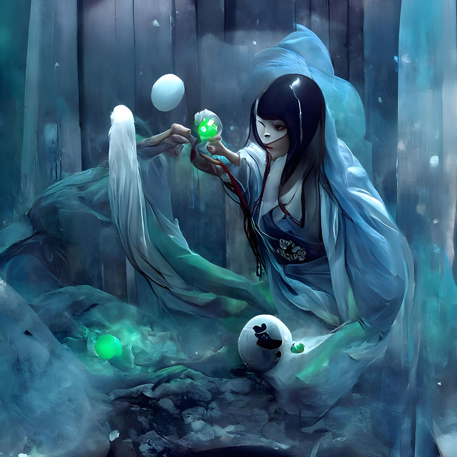 Yuki-Onna with Orb Spirit: Fantasy Illustration