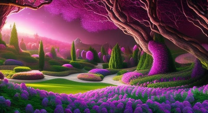 Cosmic Garden Under Galaxy with Magenta Vines
