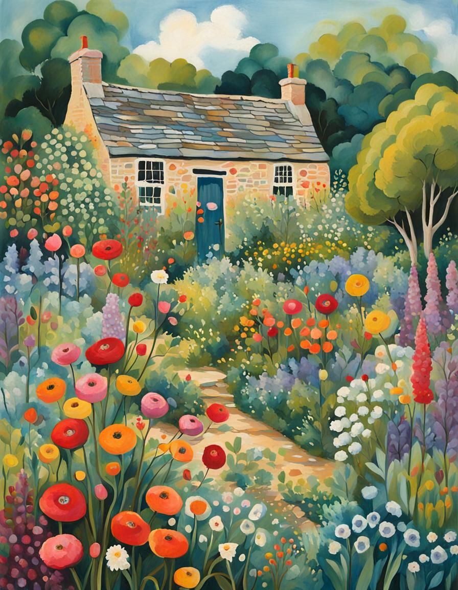 Cotswold Cottage Garden in Folk Art Impressionism