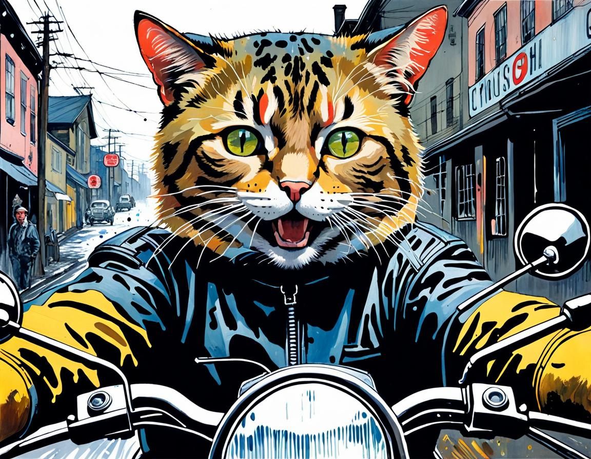 Joyful Cat Rides Motorcycle: Detailed Sci-Fi Art