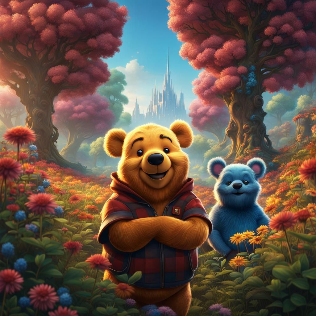 Detailed Matte Painting: Two-Headed Pooh Bear with Flames