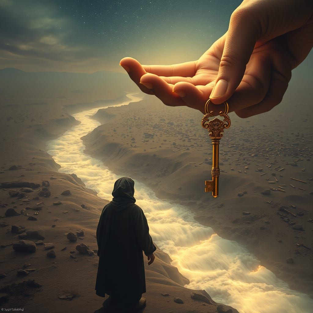 Pilgrim and the River of Keys: Surreal Desert Scene