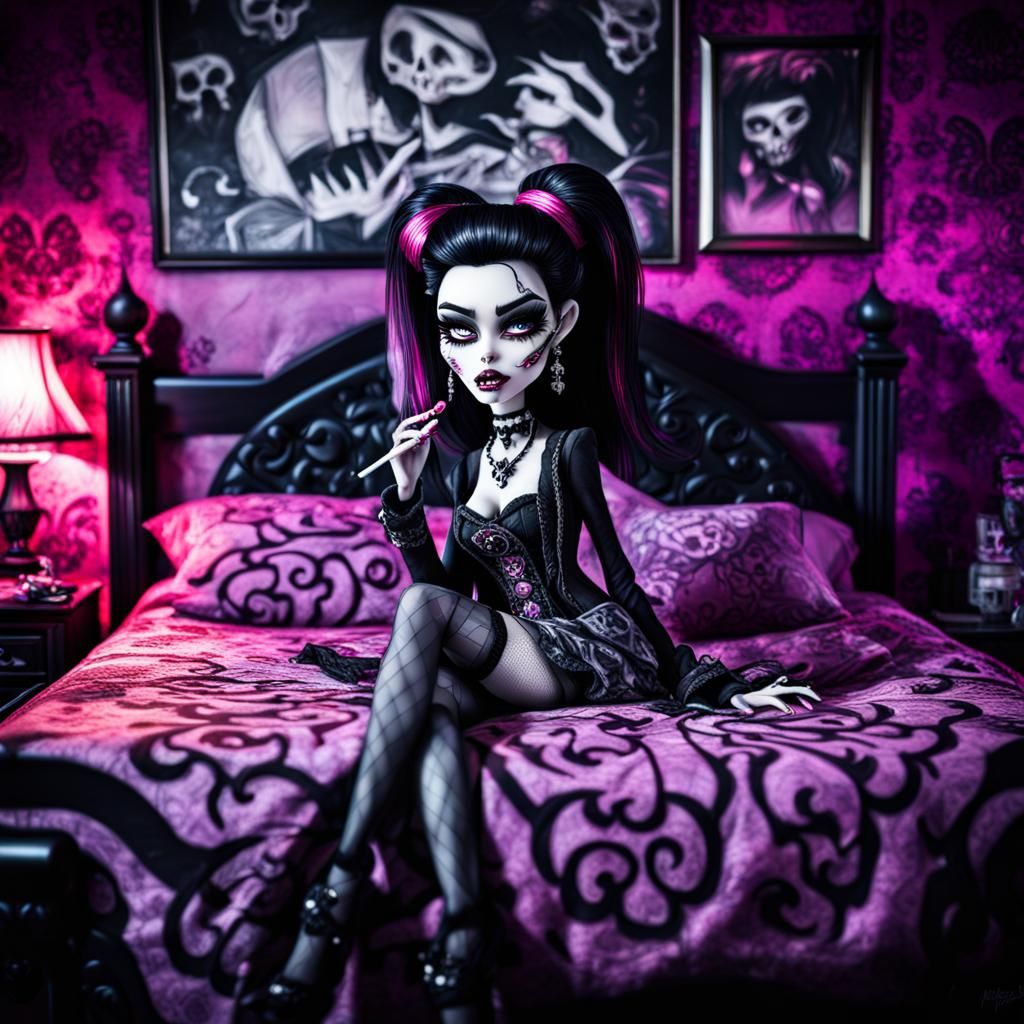 emo monster high draculaura smoking cigarettes in bed grunge bedroom