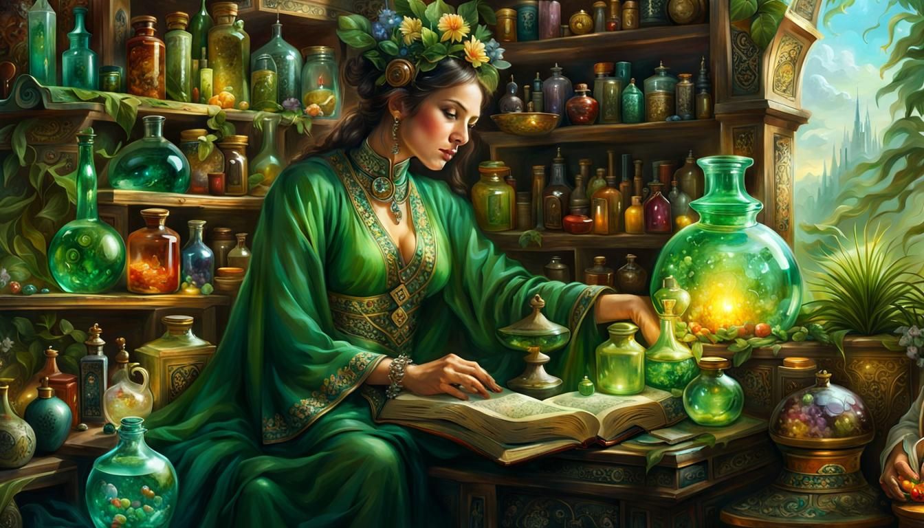 Green Mage in Her Apothecary: Detailed Fantasy Art