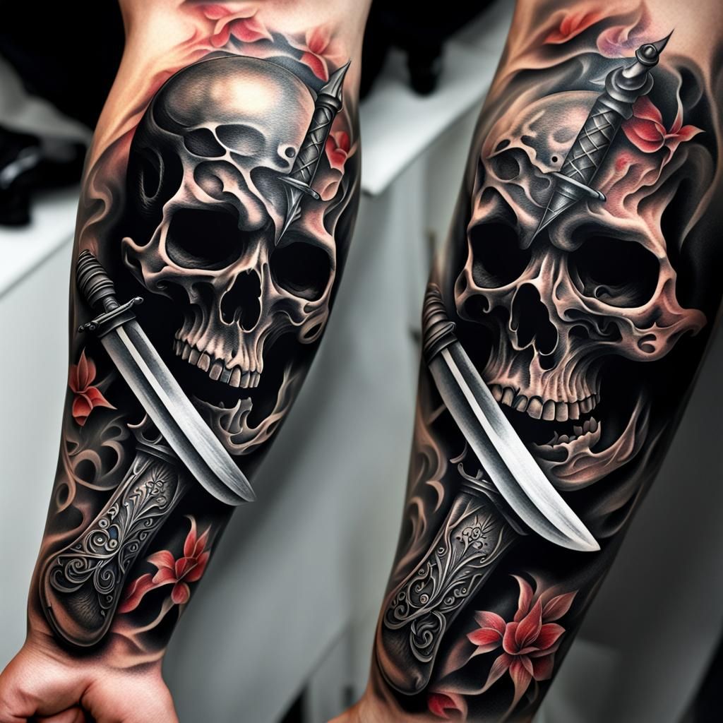 Dagger Through Skull Tattoo Design in HDR