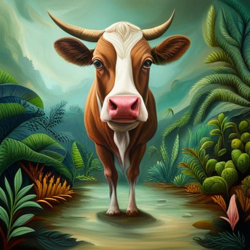 Surreal Cow Portrait in Jungle, Hyperrealism Style