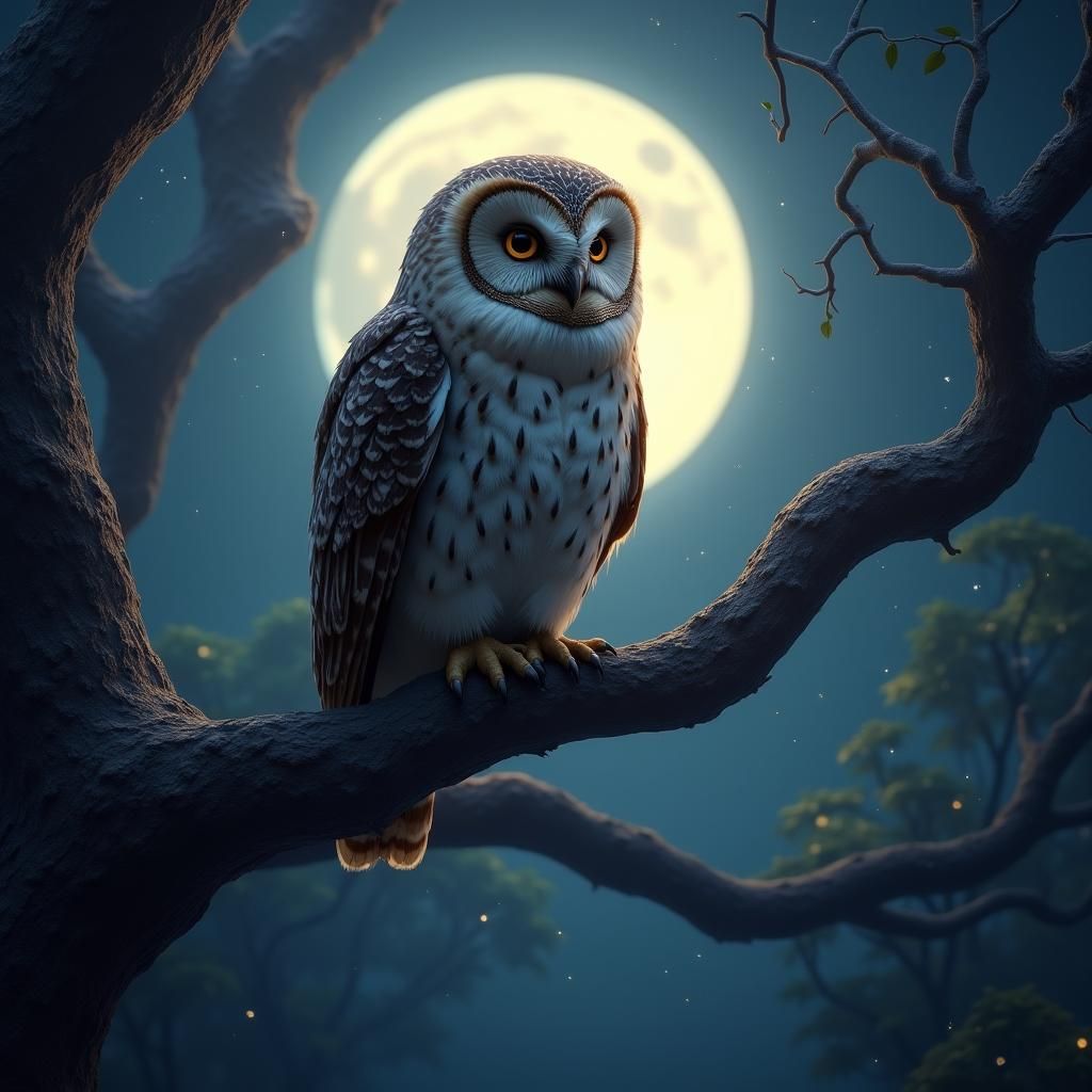 Mystical Owl in Moonlit Forest, Dreamlike Concept Art
