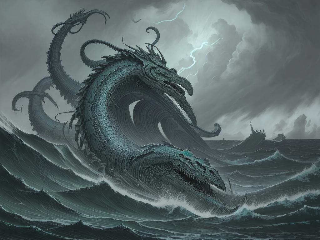 Sea Serpent Linocut Print in Stormy Seas