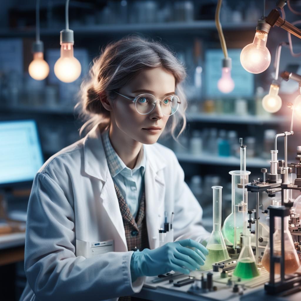 Ethereal Scientist in a Surreal Lab Scene