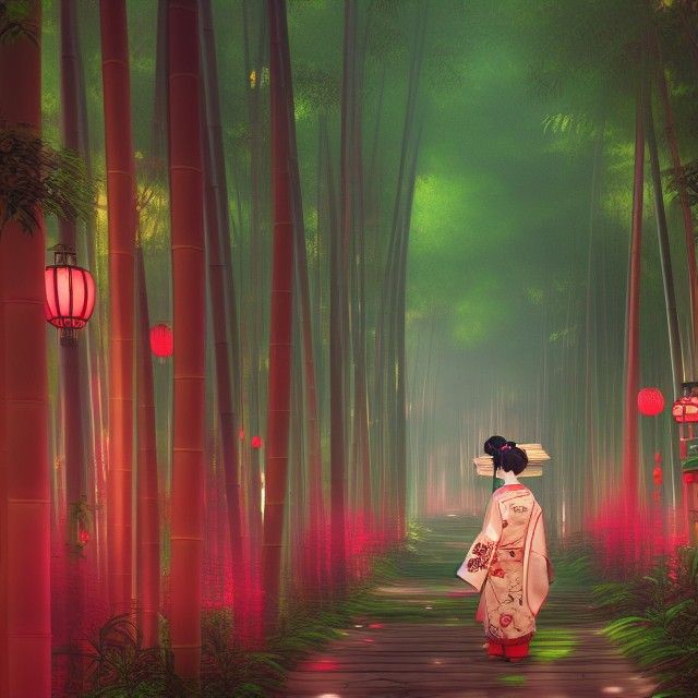 Geishas in Bamboo Forest with Yokai: Detailed 3D Render