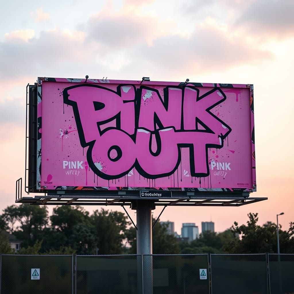 a pink billboard with the bold lettering "PINK OUT"