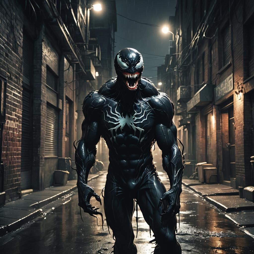 Venom in Dark Alleyway: Gritty Comic Art