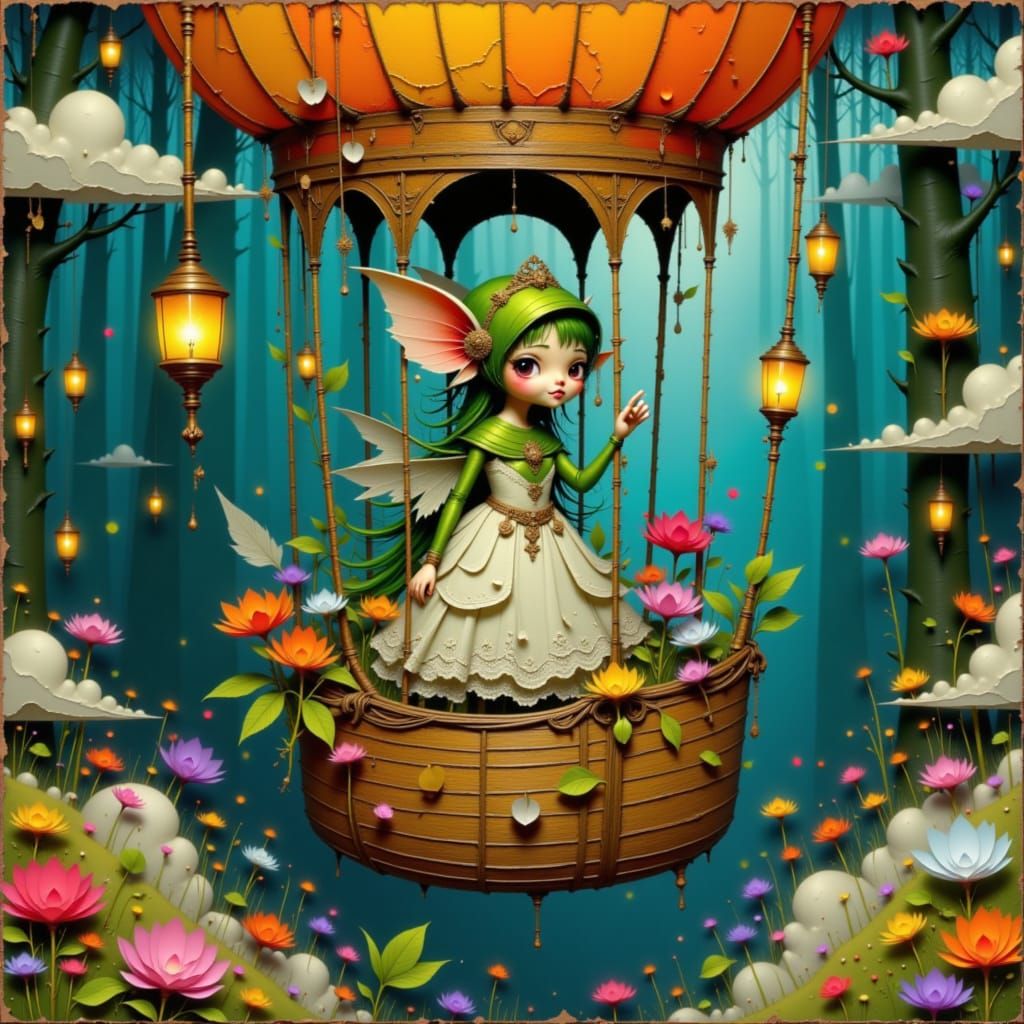 Fairy in Hot Air Balloon, Dreamy Forest Backdrop