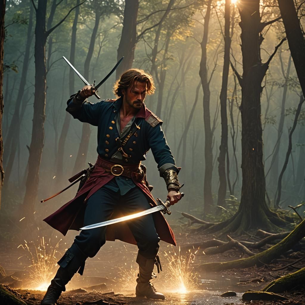 Moonlit Duel: A Swashbuckling Cinematic Still
