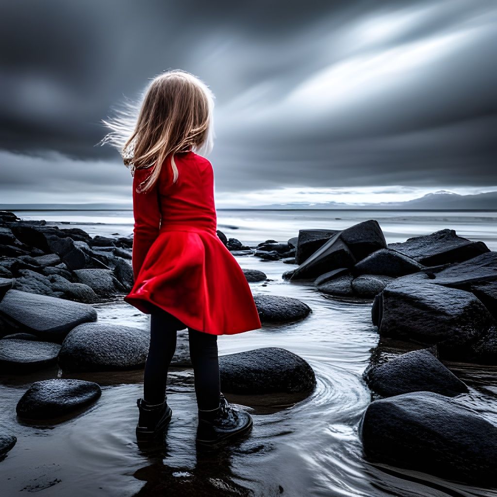 Toddler Girl on Rocky Shoreline with Monster