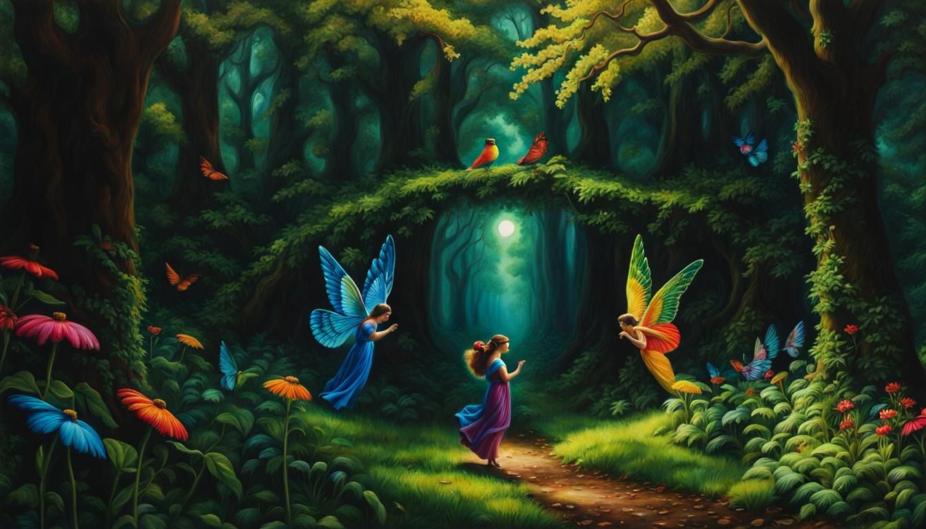 Enchanted Woodland Scene with Winged Pixies