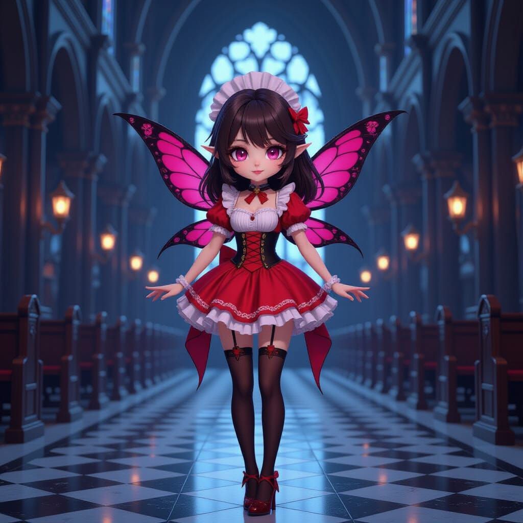 Gothic Fairy Girl in Victorian Cathedral, Chibi Style