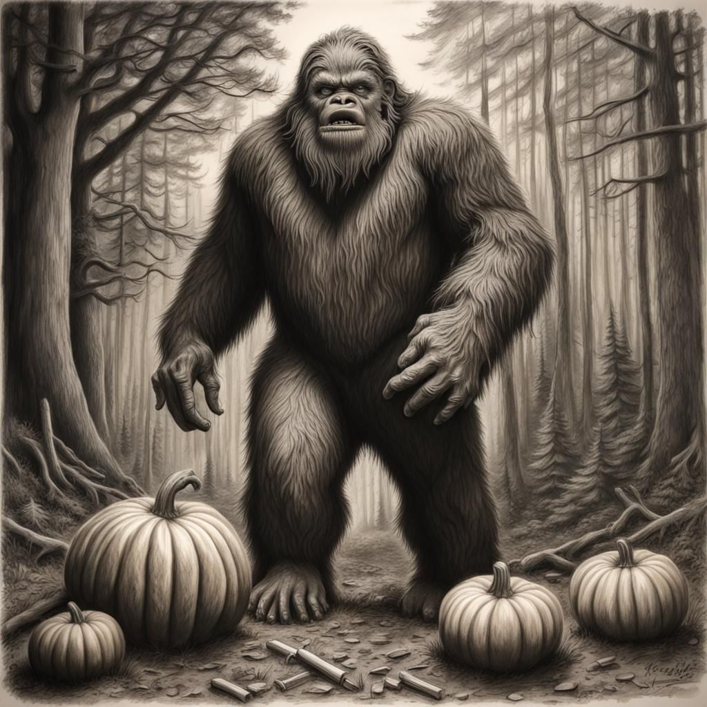 Hyperdetailed Bigfoot Pumpkin Charcoal Drawing