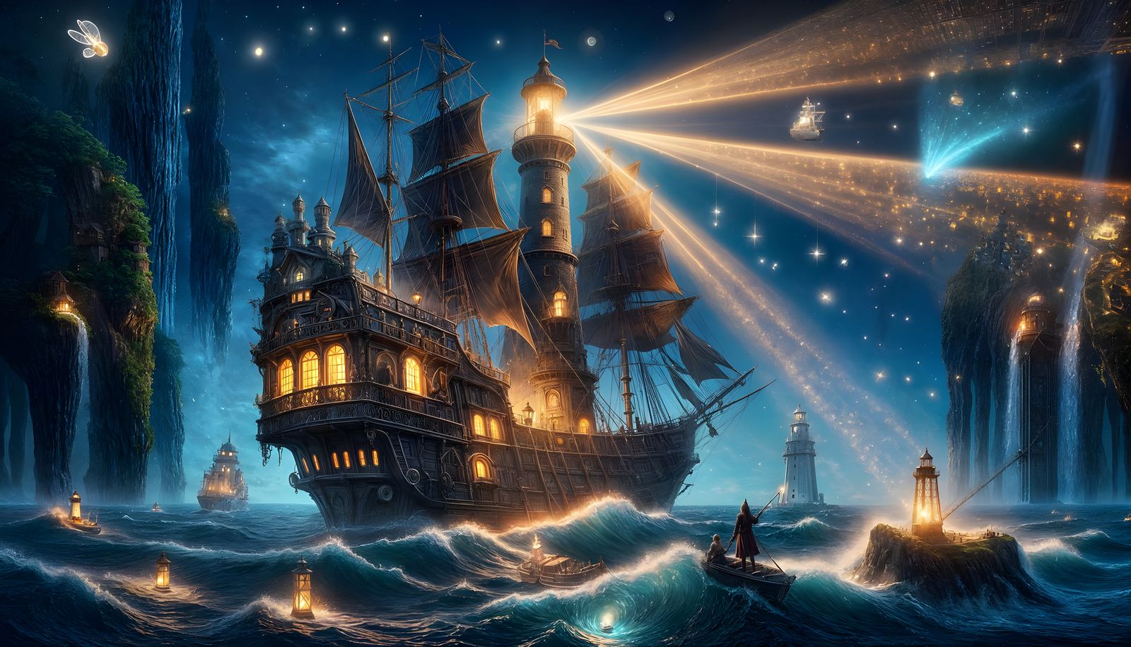 Enchanted Lighthouse Ship Sailing Through Midnight Waters
