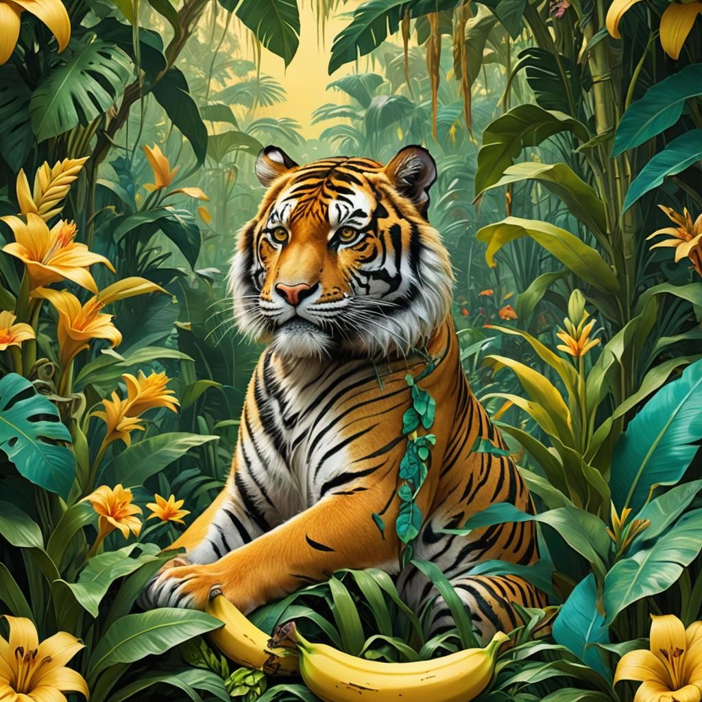 Tiger on Banana in Whimsical Jungle Concept Art