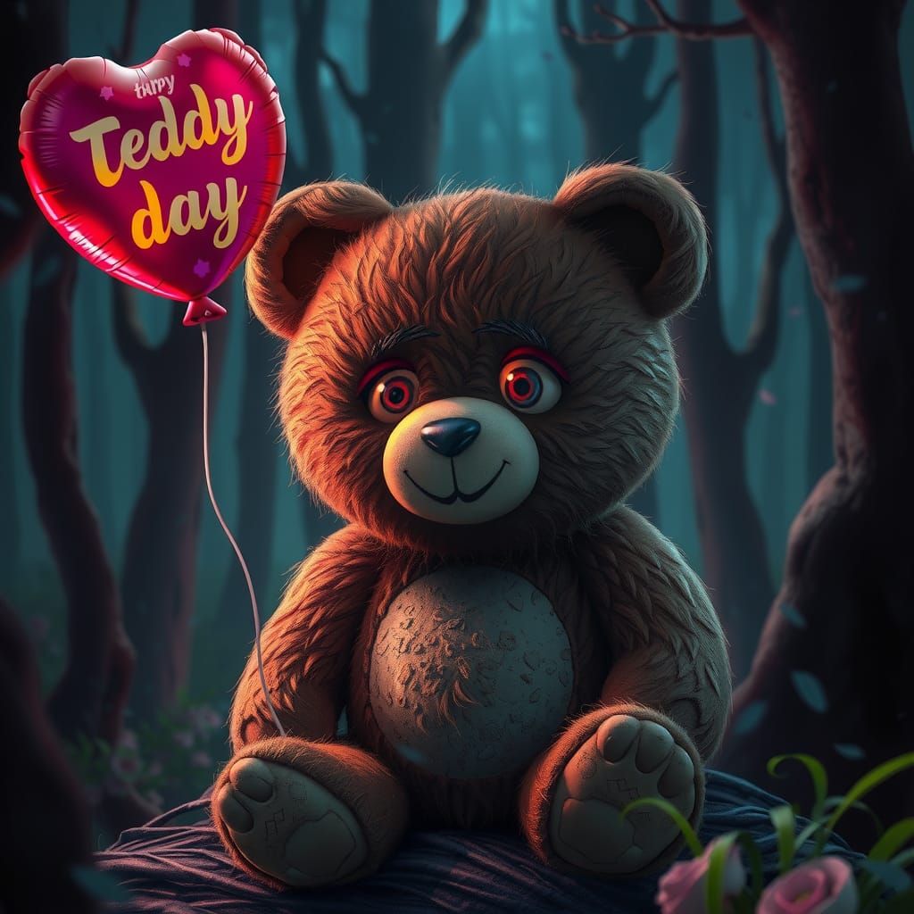 Abandoned Teddy Bear in Dark Forest, Whimsical Art