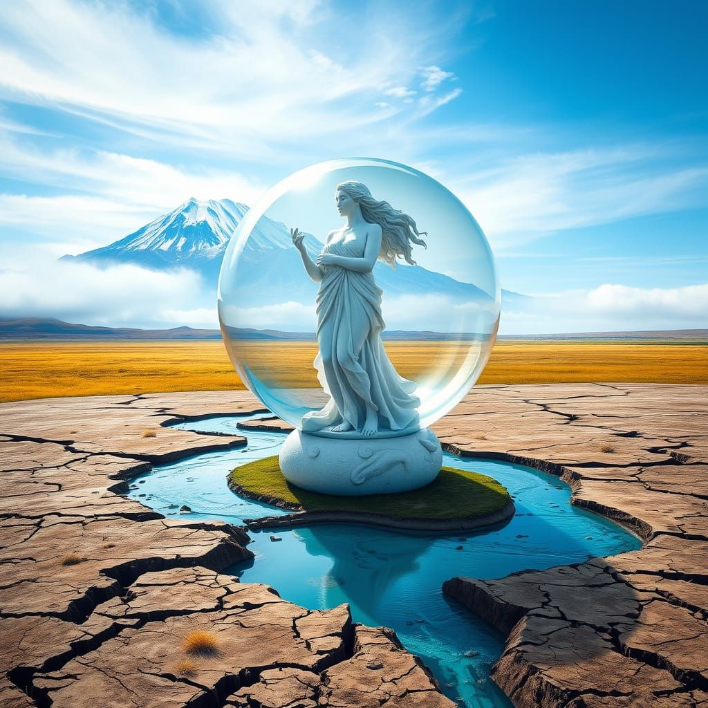 Surreal Glass Orb Encases a Marble Statue in a Hyper-Realist...