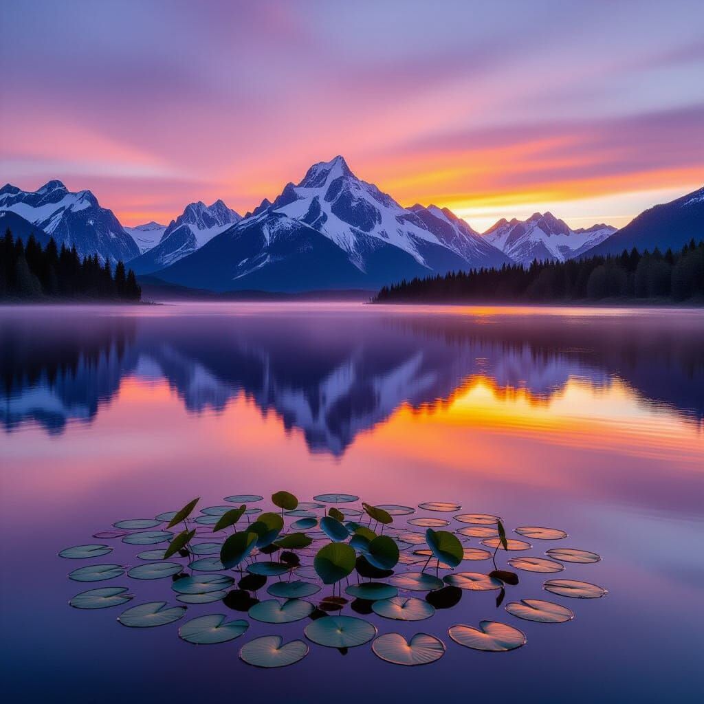Serene Lake Reflecting Sunset: Painterly Landscape