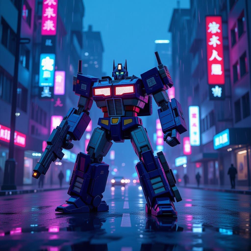 Optimus Prime Battles on Neon Cyberpunk Street