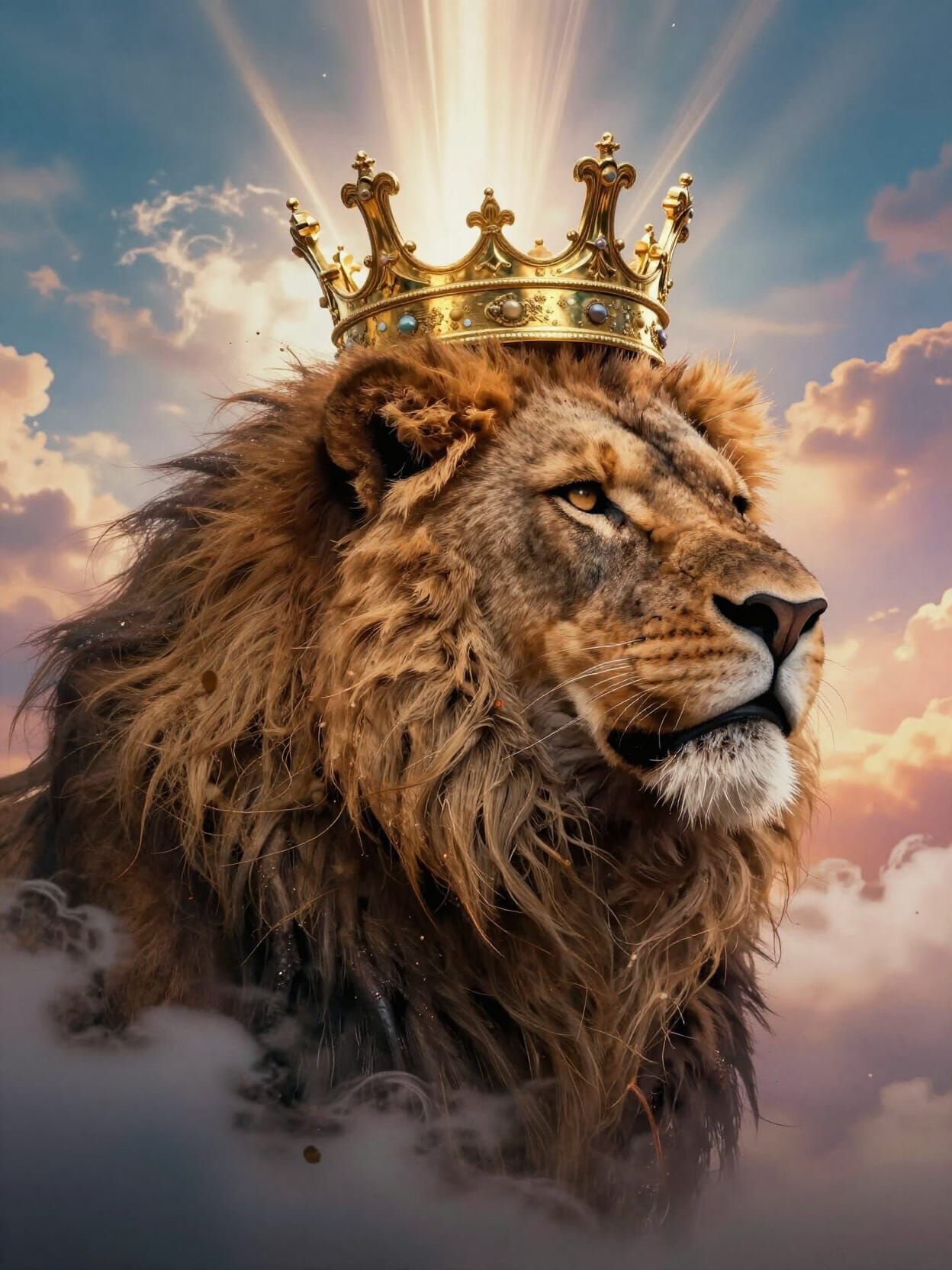 A Crown On A Lions Head with heavens light Epic cinematic brilliant stunning intricate meticulously detailed dramatic at...
