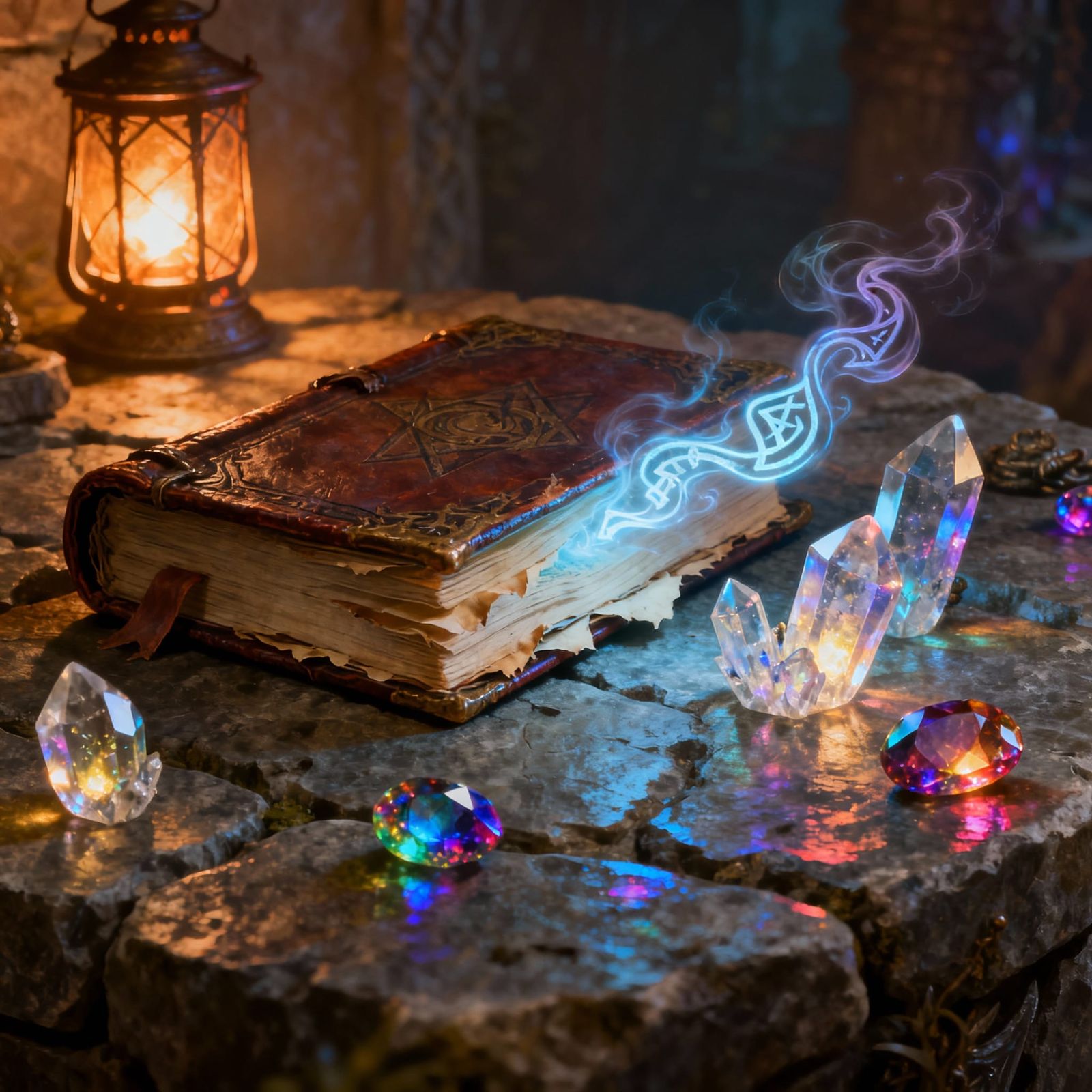 Magical Grimoire Binding with Glowing Glyphs and Gems