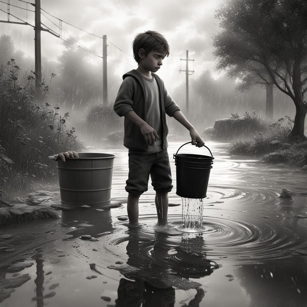 Boy Collecting Rainwater in Black and White