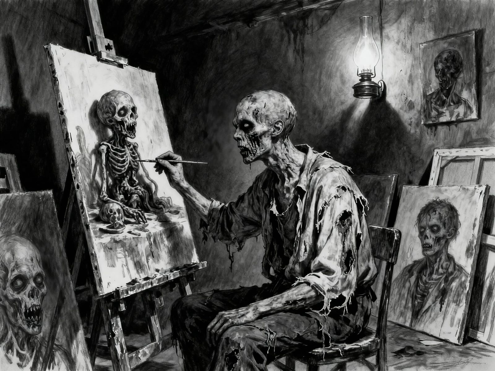 Zombie Artist Paints Grotesque Still Life in Dim Studio