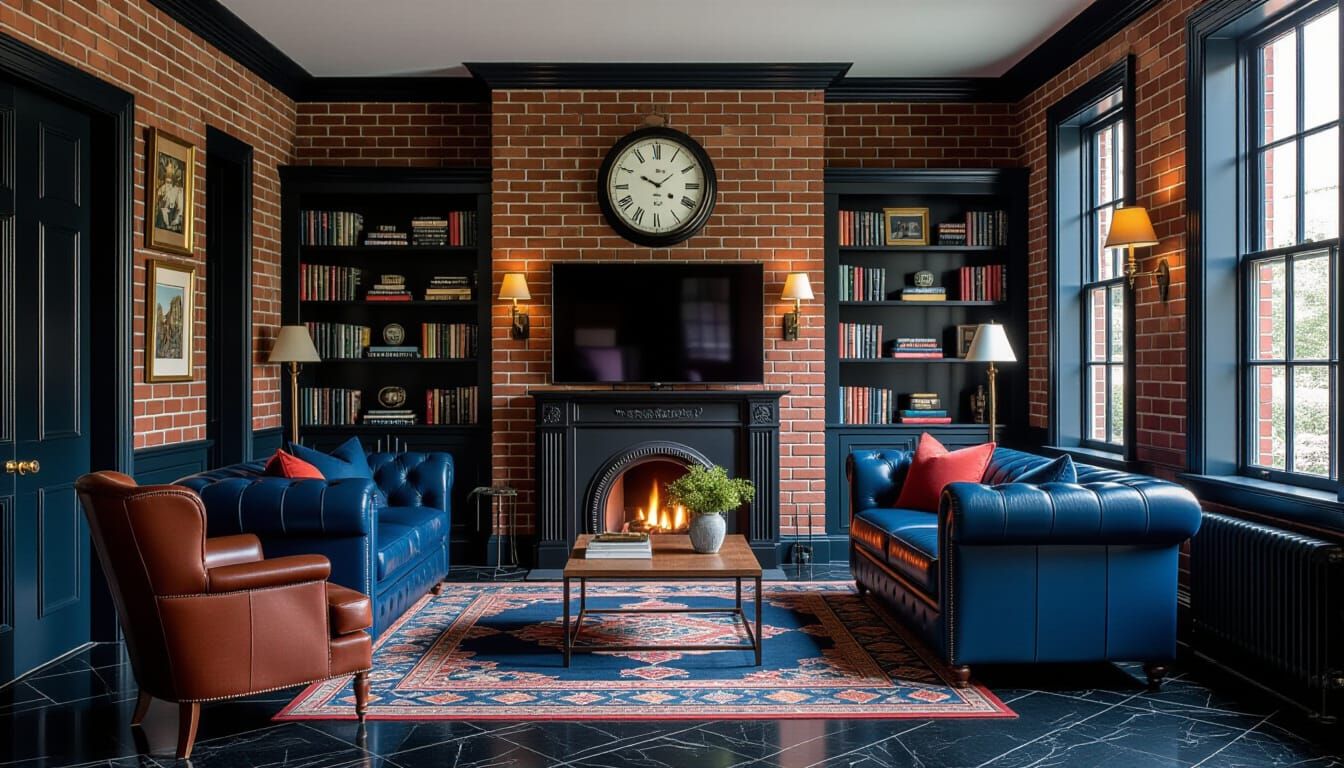 Victorian Living Room Design with Dark Blue and Brick Accent...