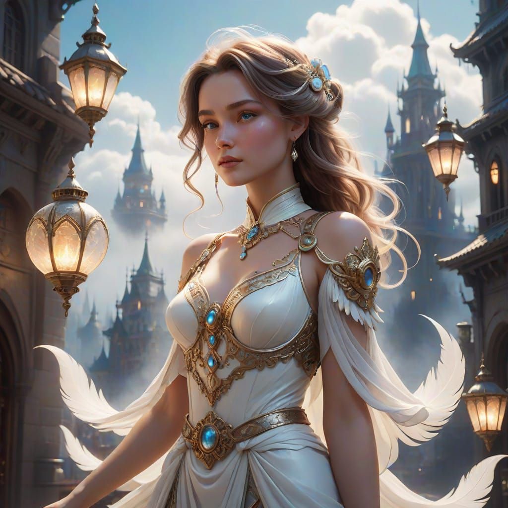 Whimsical White Cloud Cityscape with Majestic Air Elemental...