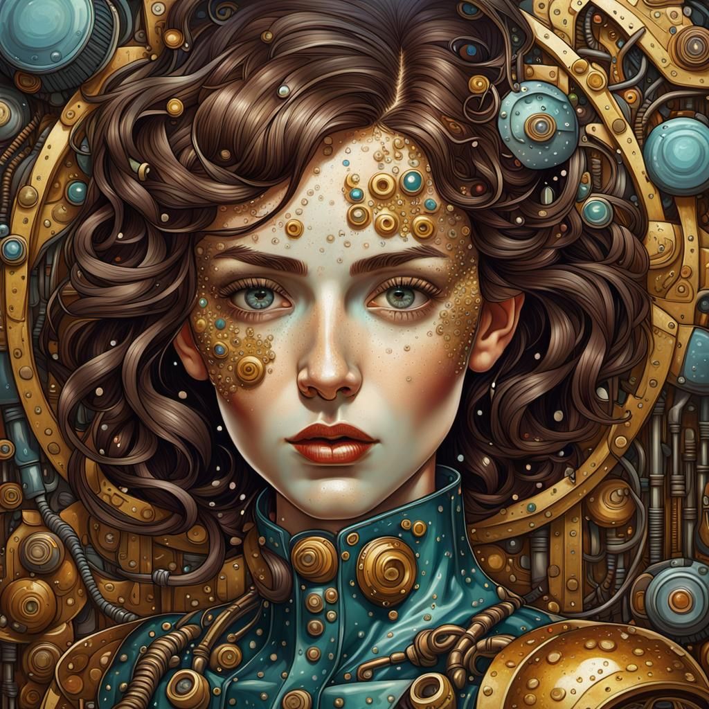 Surreal Klimt-Inspired Pin-Up Repairing Robot in Art Nouveau...