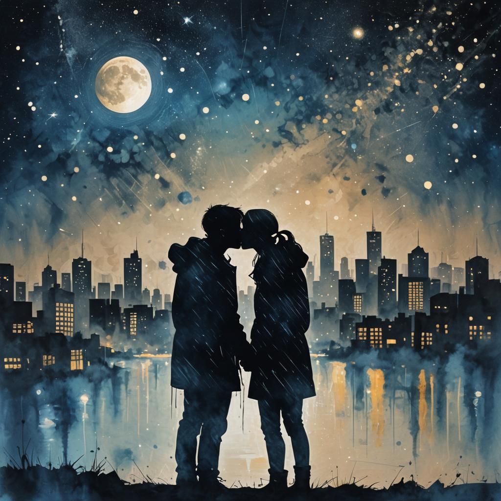 Silhouette Kiss Under Starry Night, in Graffiti Style
