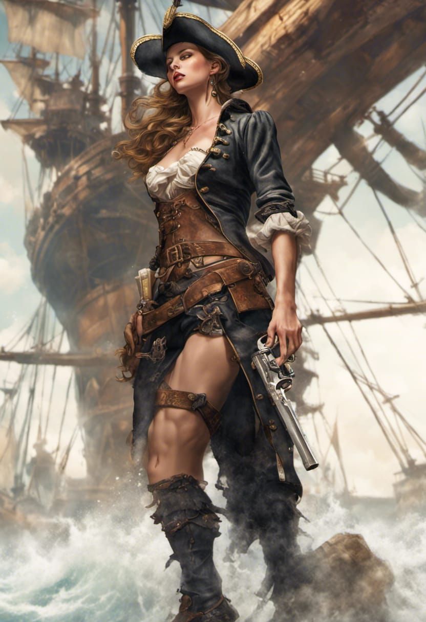 Pirate Pin-Up with Flintlock Pistol and Treasure Ship