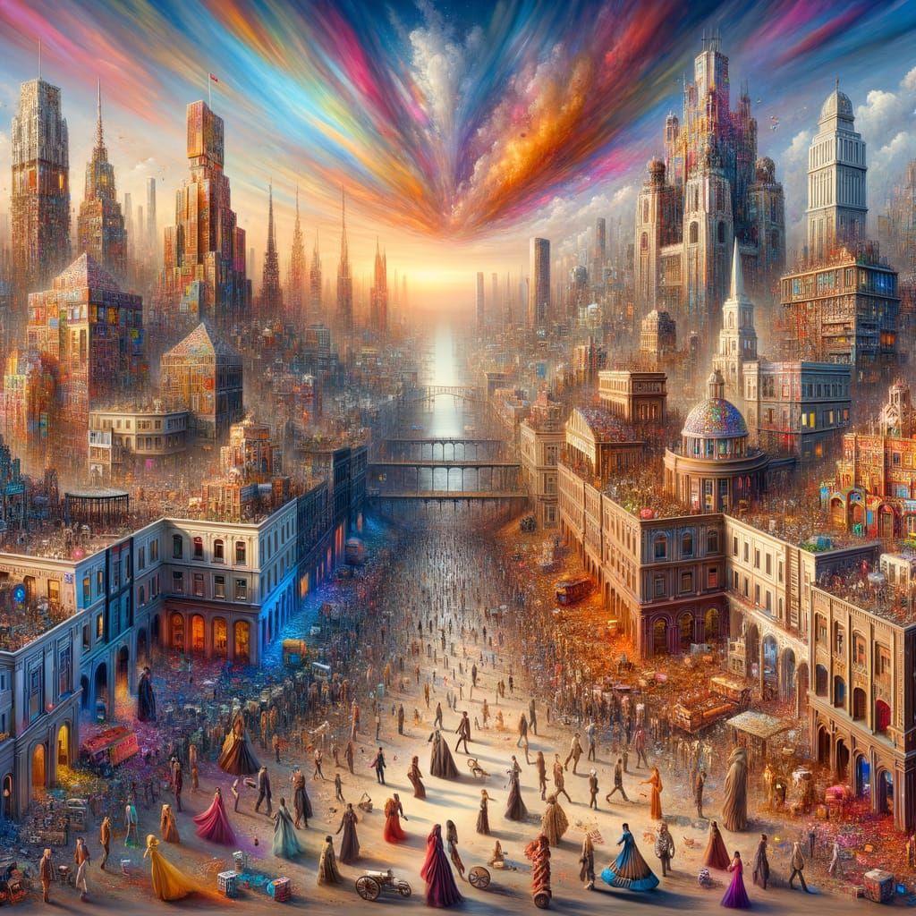 Chocolate Cityscape with Diverse Architecture and Sunset