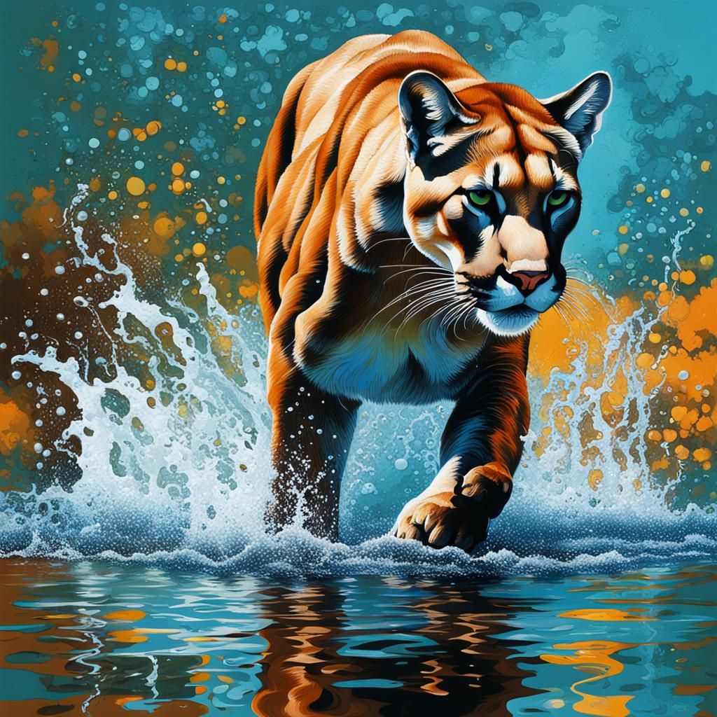 Cougar Wading: Abstract Art with Fine Details