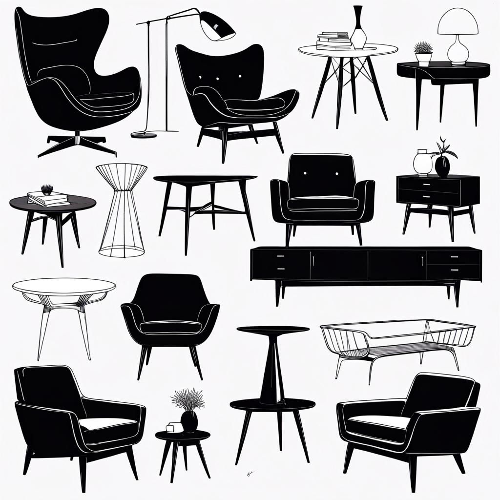 Mid-Century Modern Furniture: Black and White Line Art