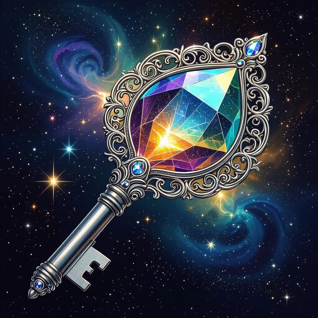 Ornate Silver Key Floating in Space