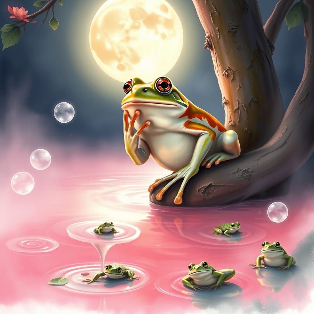 Surprised Frog in Luminous Pre-Raphaelite Pond