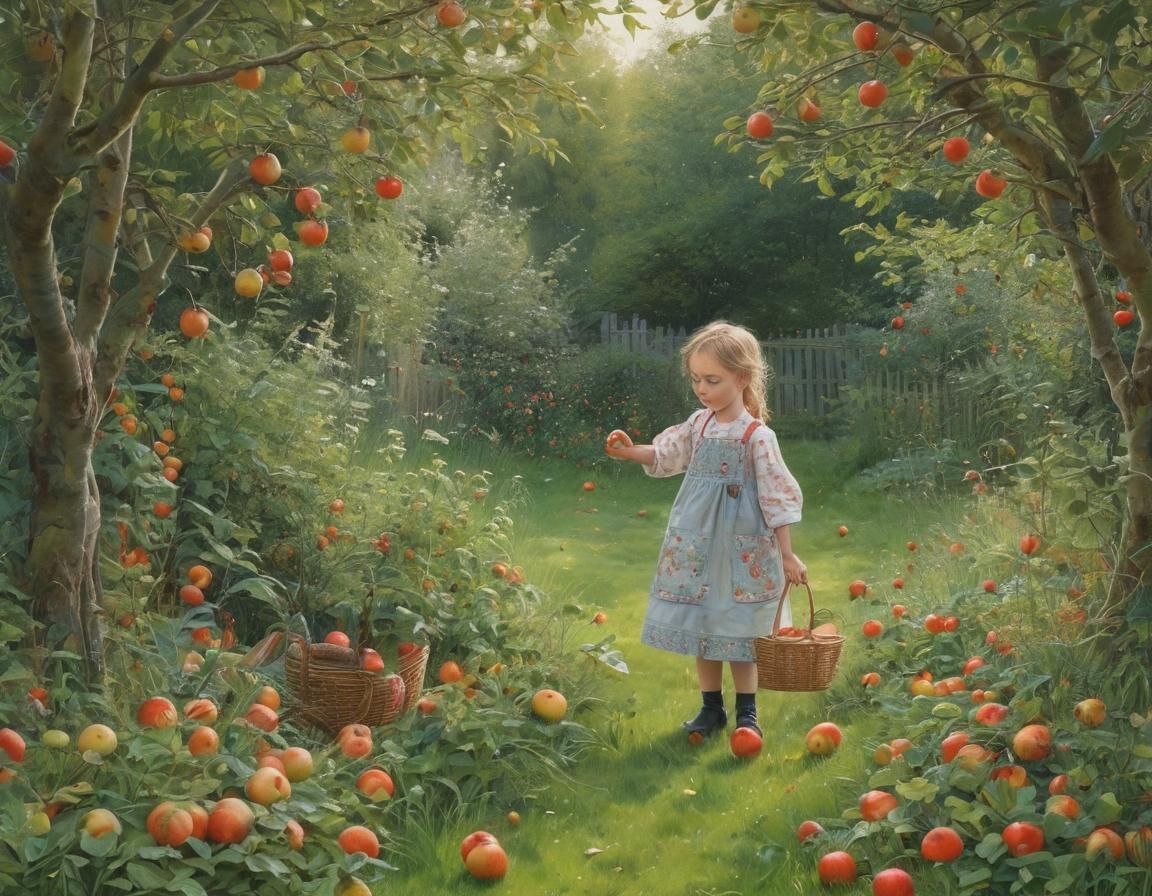 Girl Collecting Apples: Intricate Garden Scene