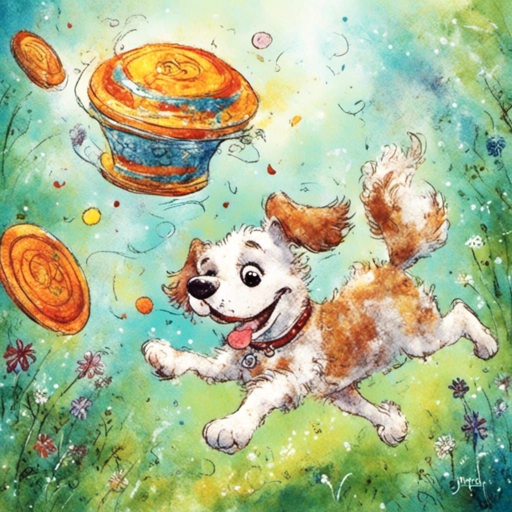 Playful Dog Chasing Frisbee in Clipart Style