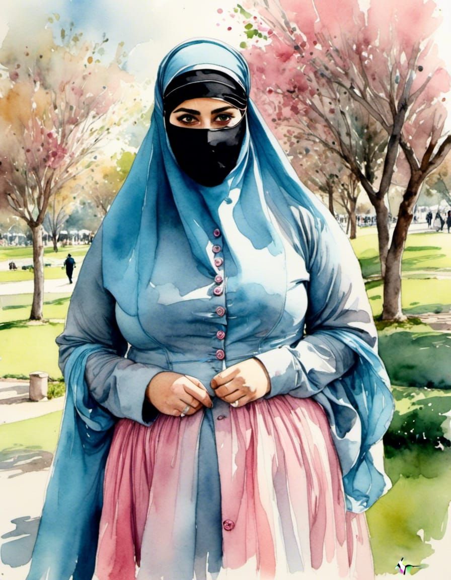 Middle Eastern Woman in Niqab: Watercolor Ink Drawing