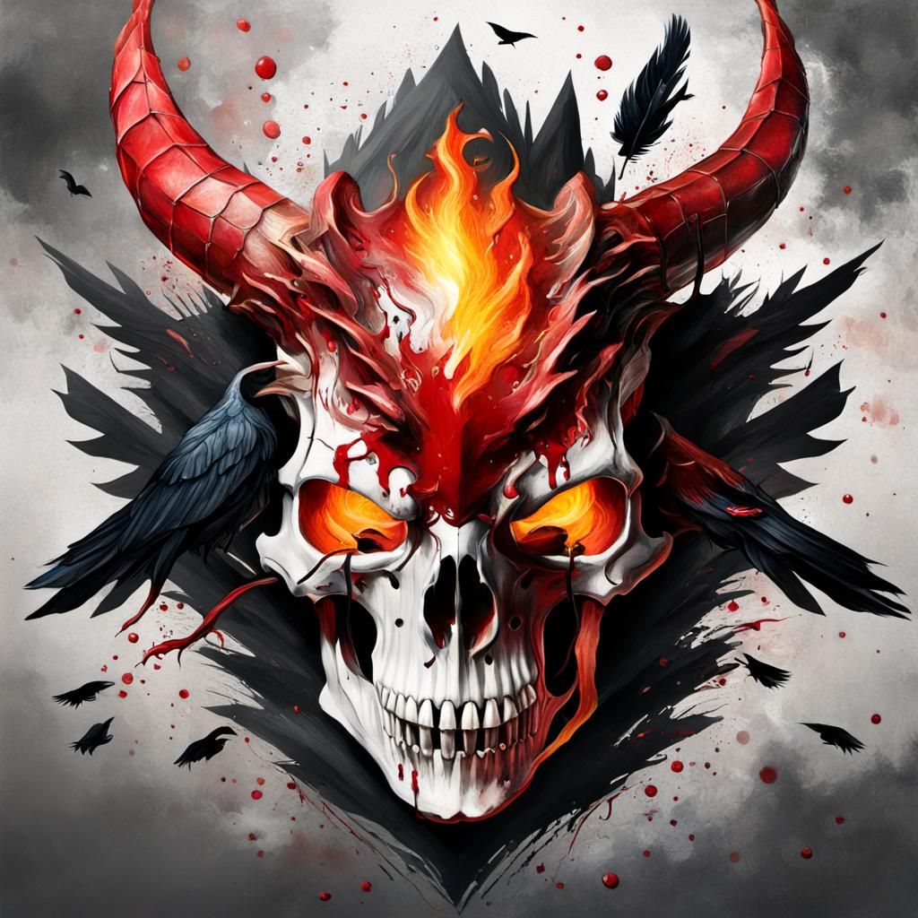 Fiery Dragon Skull Crow in Hyperrealistic Style