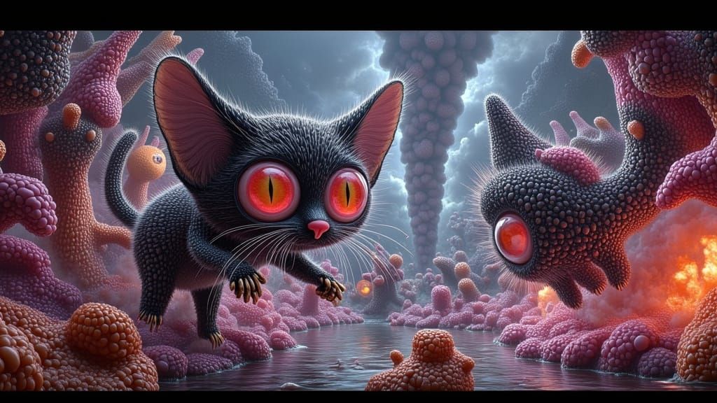 Feline Apocalypse in Ruined Cityscape, Surreal Dystopian Art