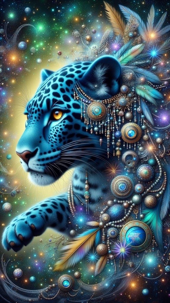 Vibrant Blue Jaguar Leaps from Brazil Flag in Mystic Aura